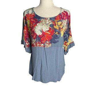 DG2 Diane Gilman Dolman Sleeve T Shirt Blouse XS Blue Floral Short Sleeve HSN